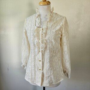 Tumbleweeds Vintage 70s Ruffle Mod Hippie Lace Button Front Long Sleeve Blouse M